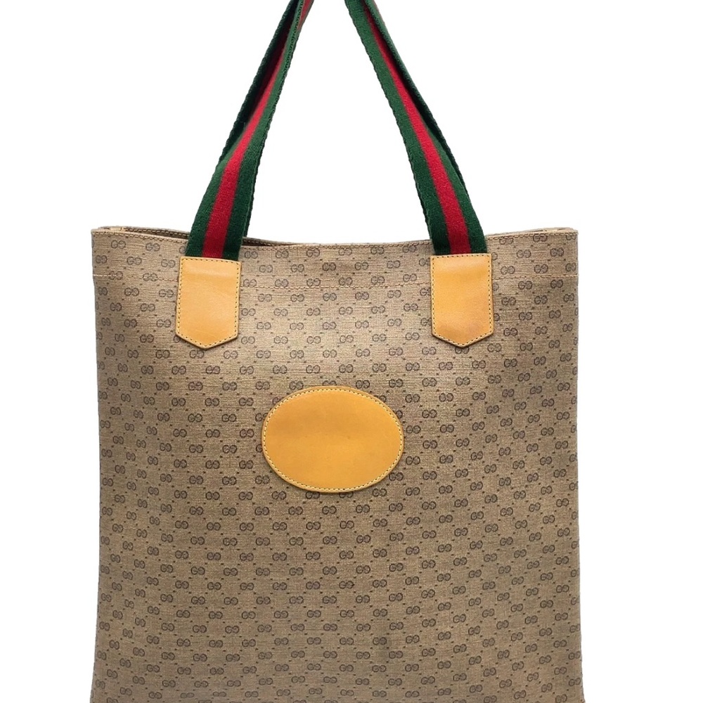 Gucci Beige Monogram Tote with Green and Red Striped Handles and Yellow Accents